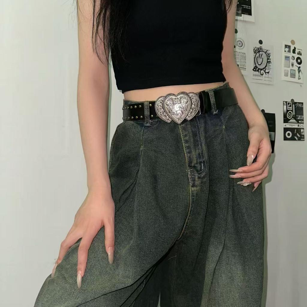 American retro denim design belt personalized yk rivet belt love belt Korean version versatile