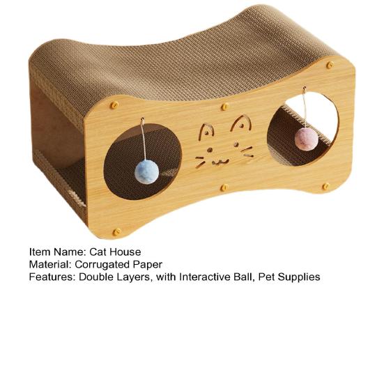 Cat Scratcher House Double Layers Corrugated Paper Scratch Cardboard Lounge Bed 2-in-1 Indoor Cats Scratching Board House with Interactive Ball