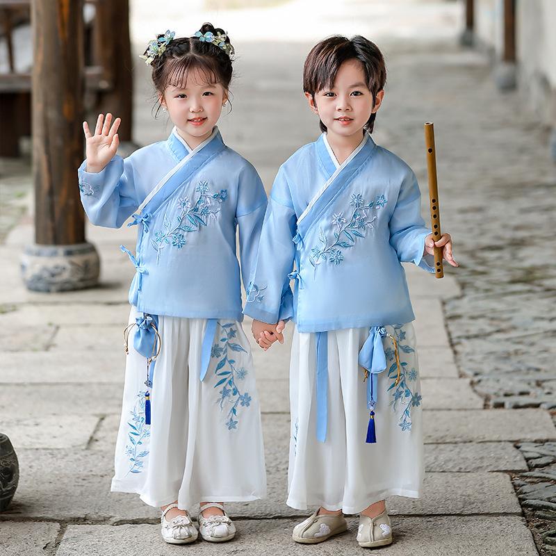 Kids' Hanfu Autumn Performance Costume Set: Tang Suit Robe & Pouch for Boys and Girls (2023)