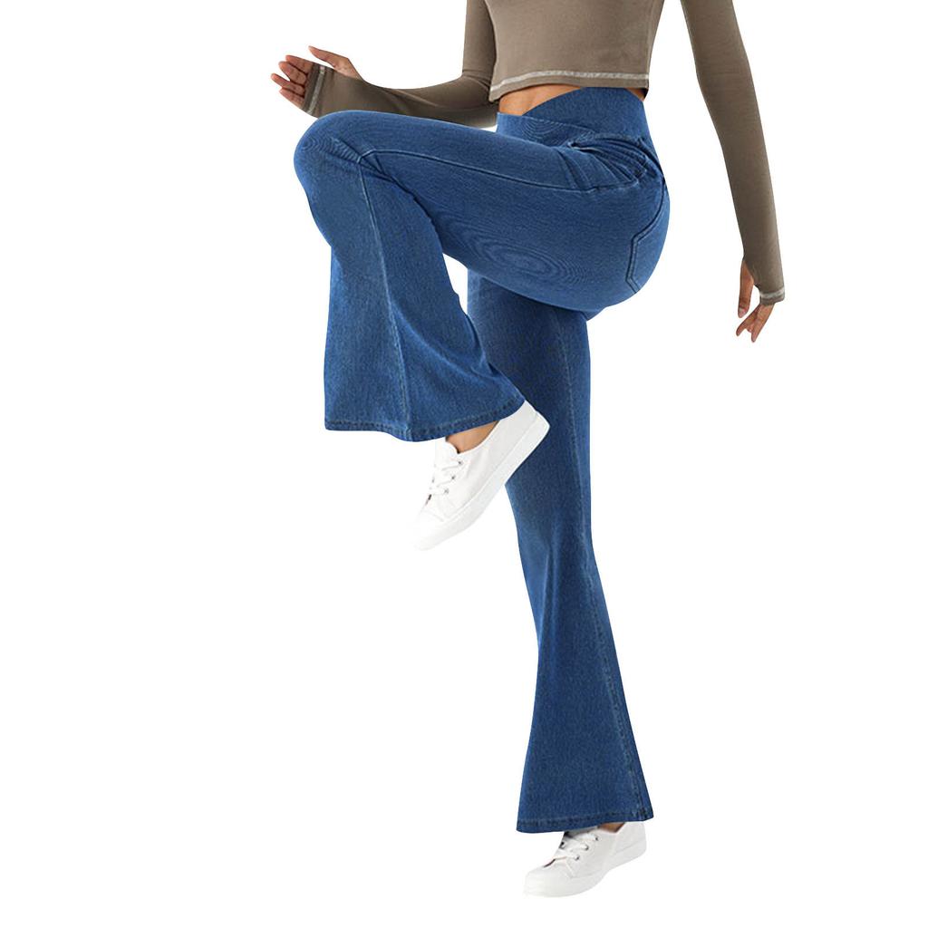 Women's Leisure Color High Waist Motion Regular Jeans High Waisted Pocket Cool Breathable Washed Stretchy Casual Flare Pants
