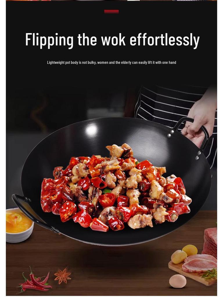 Classic Double-Ear Nitrided Iron Wok: Non-Stick, No Coating, Induction Compatible, Ideal for Home Stir-Frying