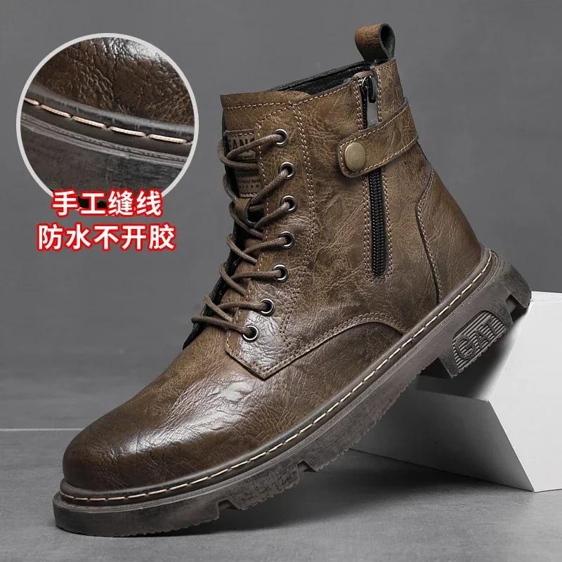 2024 New Men's Genuine Leather Boots High-top Mens Work Shoes Plus Velvet Warm Non-slip Fashion Trend Motorcycle Boots for Men
