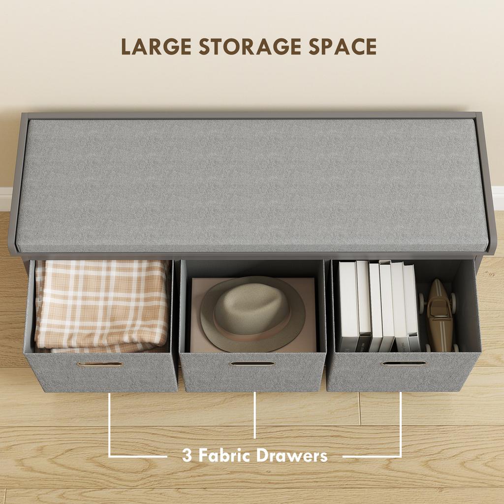Three-Drawer Shoe Storage Bench, with Padded Top Seat - Grey