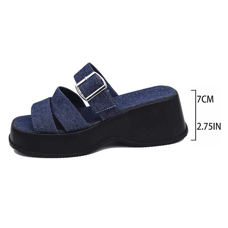 Fashion Blue Denim Chunky Platform Slippers Women Fashion Buckle Wedge Heels Sandals Woman Summer Comfort Thick Bottom Outdoor Slippers