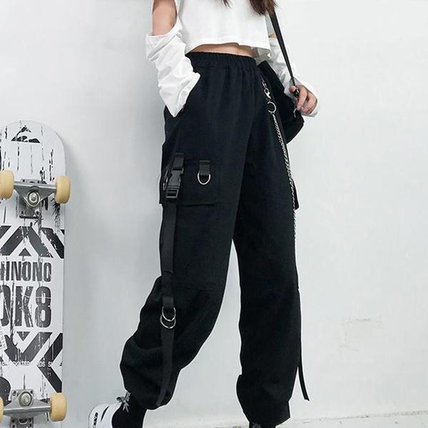 Women's Gothic Fashion High Waist Elastic Waist Overalls Punk Chain Hip Hop Pants Casual Street Tech Wear Plus Size S-4XL
