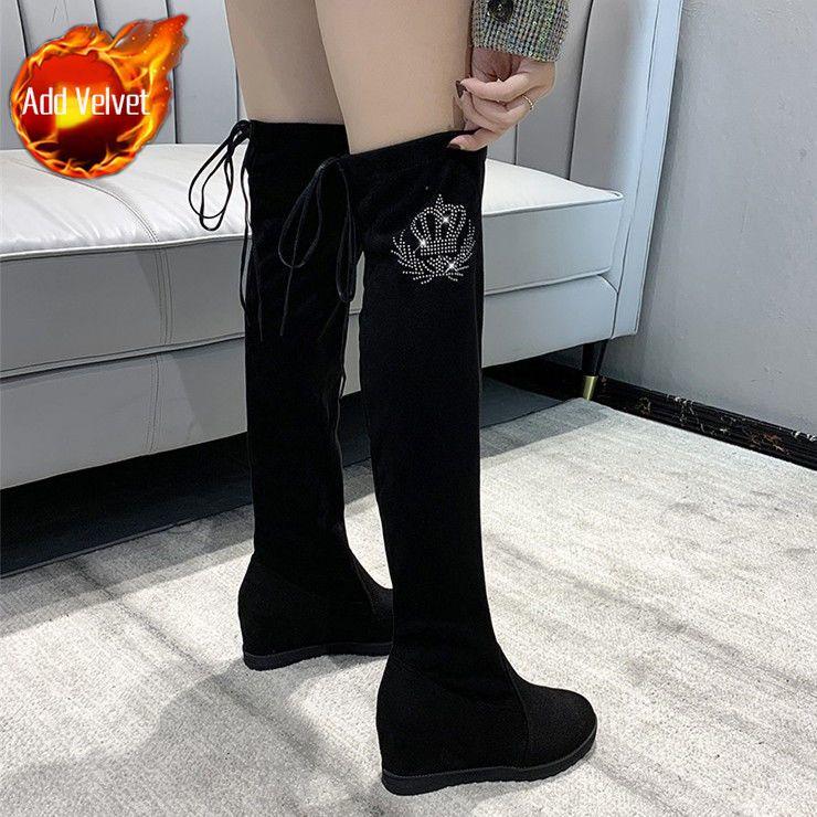 Women's Thigh-High Winter Over The Knee Boots  Slimming Built-In Heel Lift Elastic Fabric Plus Size Furry Long Boots