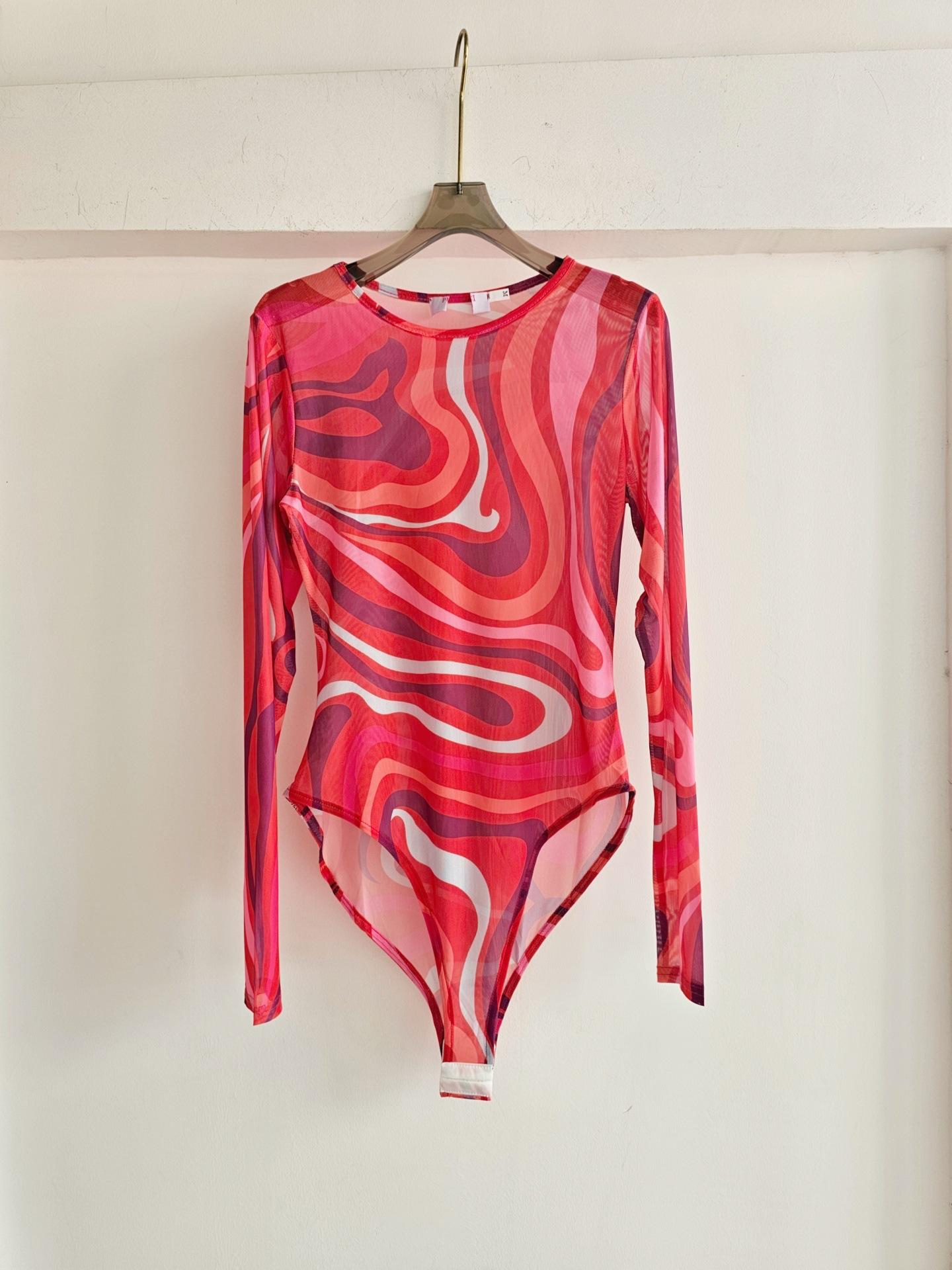 Tie-dye vortex printing long-sleeved sunscreen onesie long-sleeved tulle perspective slim-fitting backing mesh temperament jumpsuit M красный