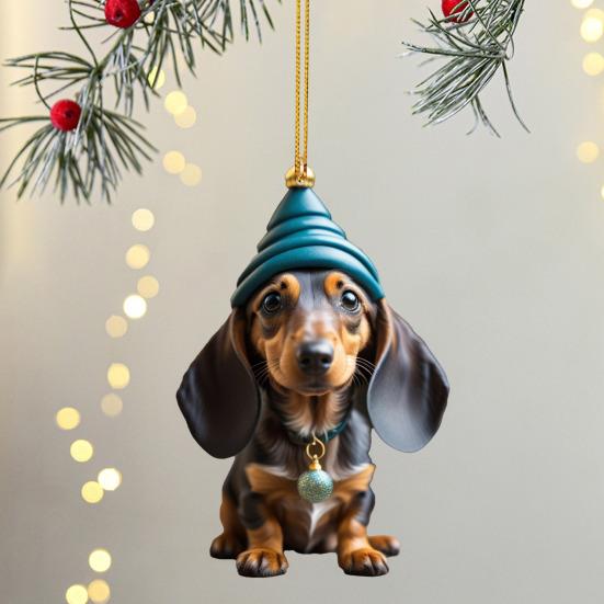 1/7Pcs Christmas Acrylic Dachshund Hanging Decoration Car Rearview Mirror Xmas Tree 2D Flat Santa Hat Dog Hanging Ornament Holiday Party Pendant