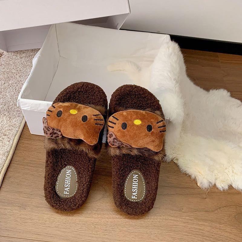 Autumn and winter cute cotton slippers women's home non-slip leopard print Hello Kitty cat fluffy slippers can be worn outside single shoes