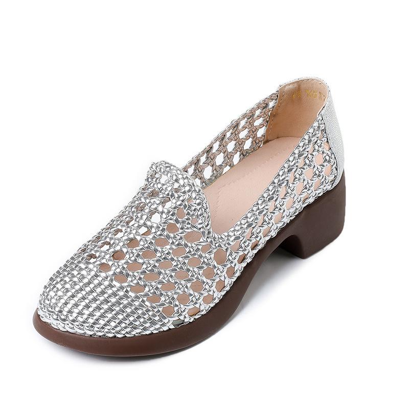 2025 Summer Hollow Woven Breathable Shoes Women Sandals Big Size Thick Heels Genuine Leather Shoes Summer Casual Sandals