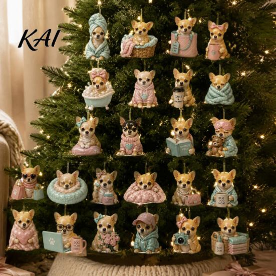 Dog Advent Calendar 24 Day Calendar, Cute 2D Flat Chihuahua Hanging Ornaments, Decorative Ornaments for Owners Different Acrylic Pendants Holiday Home