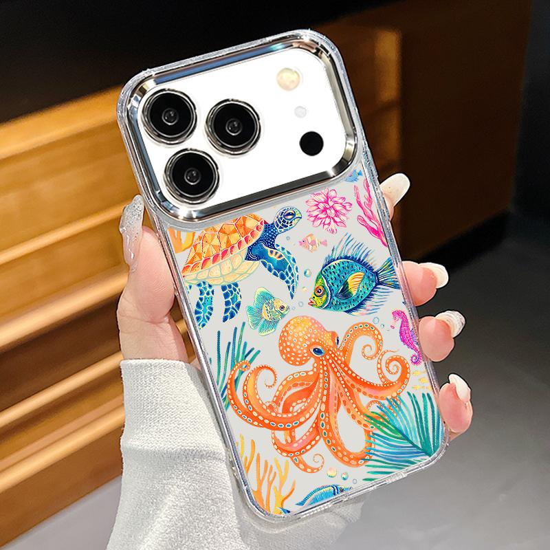 

Чехол с рисунком Осьминог и Морская звезда Для iPhone 17 Pro Max Позолоченная рамка для камеры Прозрачная мягкая крышка Для iPhone 16 15 14 13 Pro Max 11 16E 17E iPhone 14 Pro MAX прозрачный