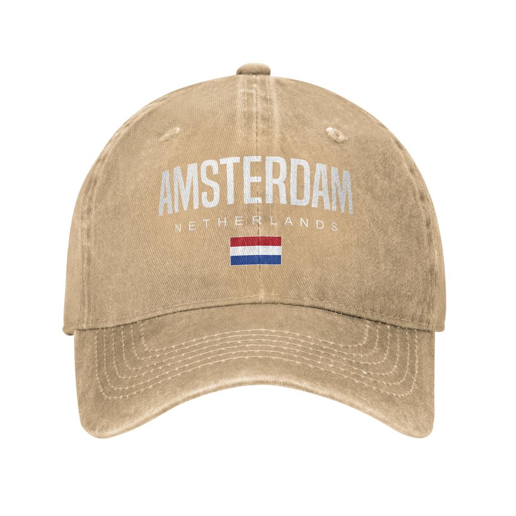 Amsterdam Niederlande Flagge Unisex Damen Baseballkappe Holland Used Denim Kappen Hut Mode Outdoor Workouts Verstellbare Kopfbedeckung