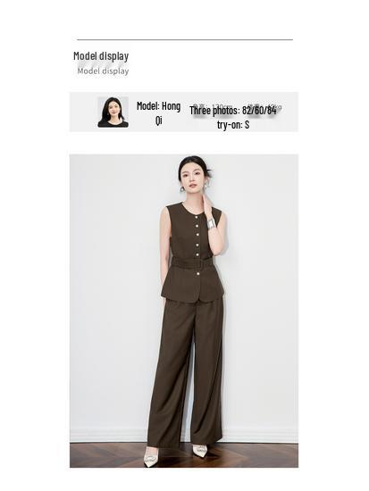 Elegant Silver Buckle Vest & Commuter Wide-Leg Pants Set for Women - Autumn Collection