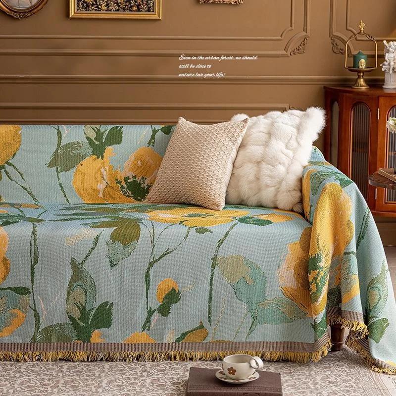 Retro Oil Painting Design Sofa Towel All Season Universal for Living Room Home Decor Tassel Sofa Cover Cloth Flowers Couch Towel