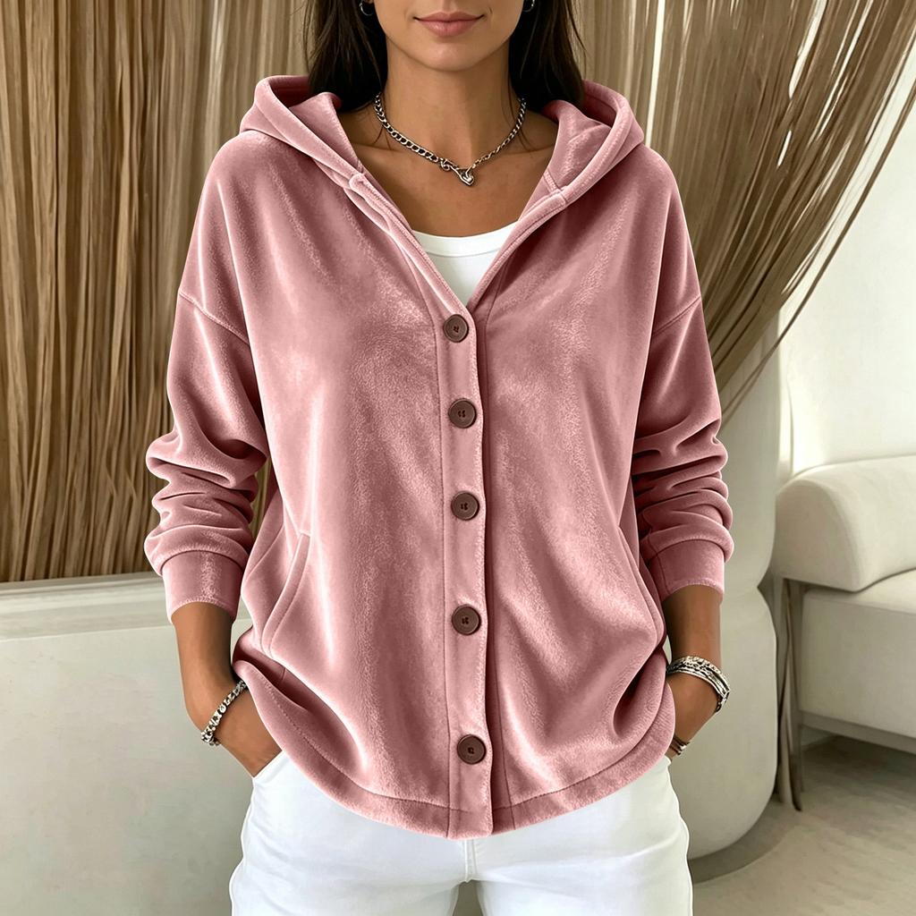 Women's Color Hooded Long Sleeve Cardigan with Buttoned Pockets Loose Fit Casual