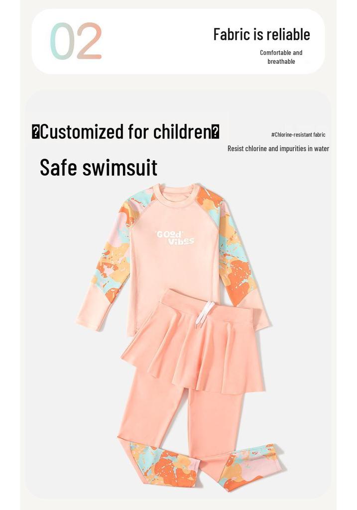 Girls' Quick-Dry Two-Piece Swimsuit: Long Sleeve & Pants, Comfortable & Breathable for Swimming and Hot Springs