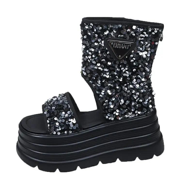 Fashion 8CM Hollow Platform Flats Sandals Women Bling Punk Shoes Casual Summer Boots Designer Loafers Trend Sport ZIP Sandalias Mujer
