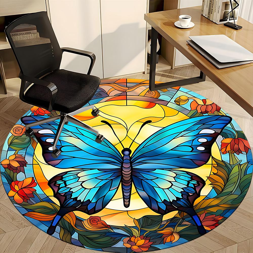 1pc Butterfly StainedGlass Office Round Area Rug, Under Office Chairs Bedroom Living Room Home Decor, Room Deco