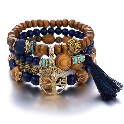 4pcs Vintage Bracelet Ladies Light Luxury Style Multi Color System Stone Tassel Multi Layer Beads Leaf Pendant Jewelry
