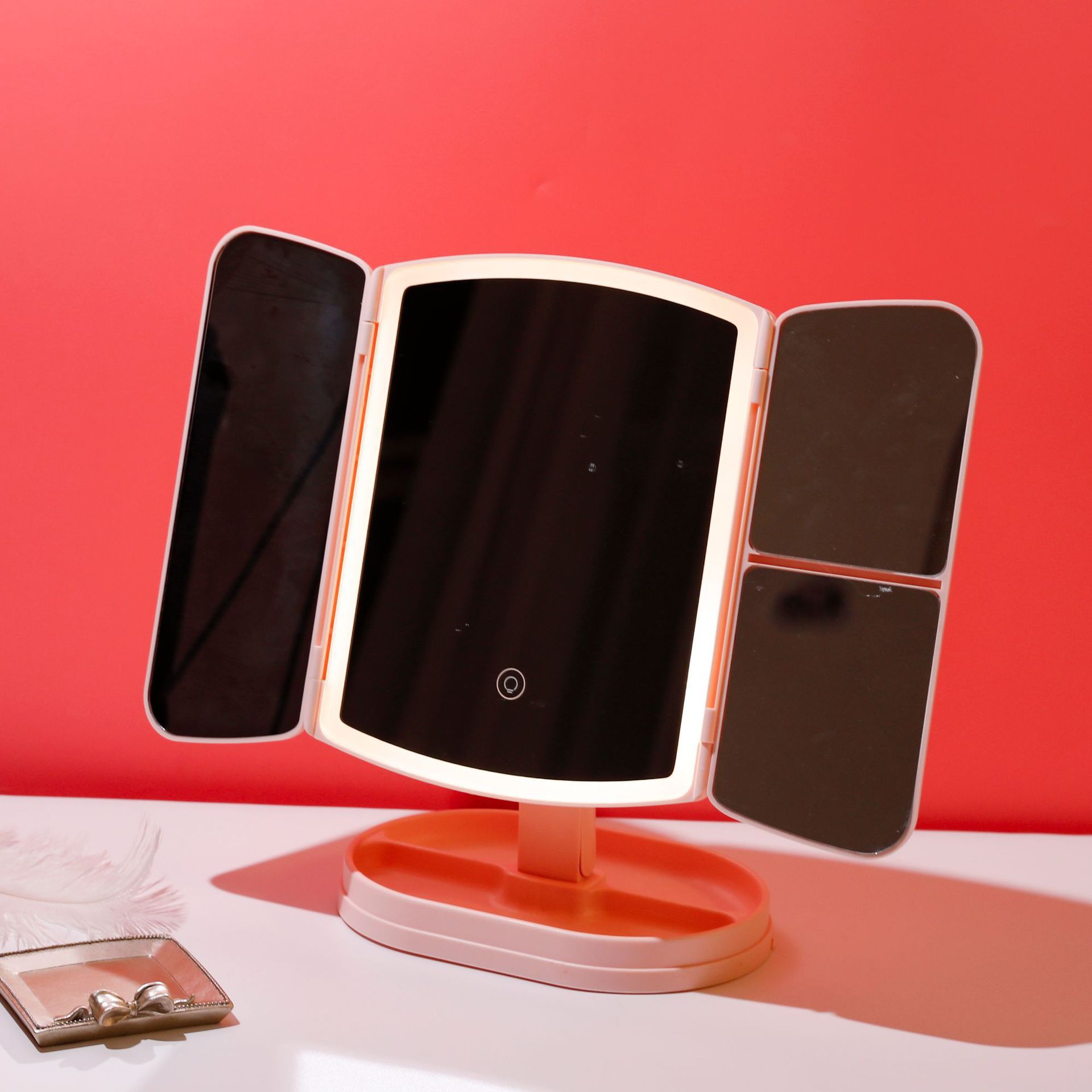 Double Door Makeup Mirror, Shell Mirror, Desktop Birthday Gift, LED Dormitory Beauty Mirror, Desktop Folding Makeup Three Sided