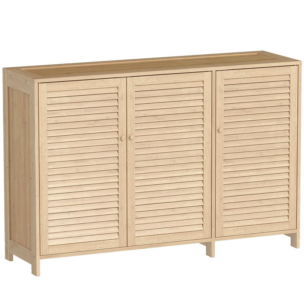 Bamboo Shoe Cabinet with Louvered Doors, 18 Pairs Shoe Storage Cabinet with Adjustable Shelves for Hallway, Natural