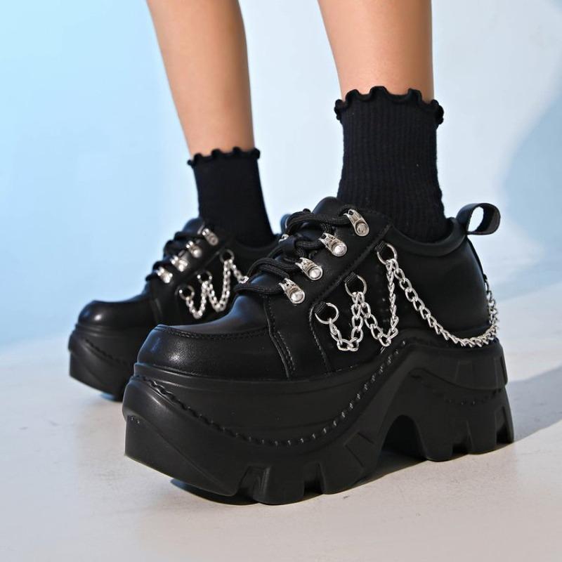 Fashion Platform Metal Chain Single Shoes Autumn New Round Toe Lace Up Punk Style Sneakers for Women 8cm Chunky High Heeled Zapatillas