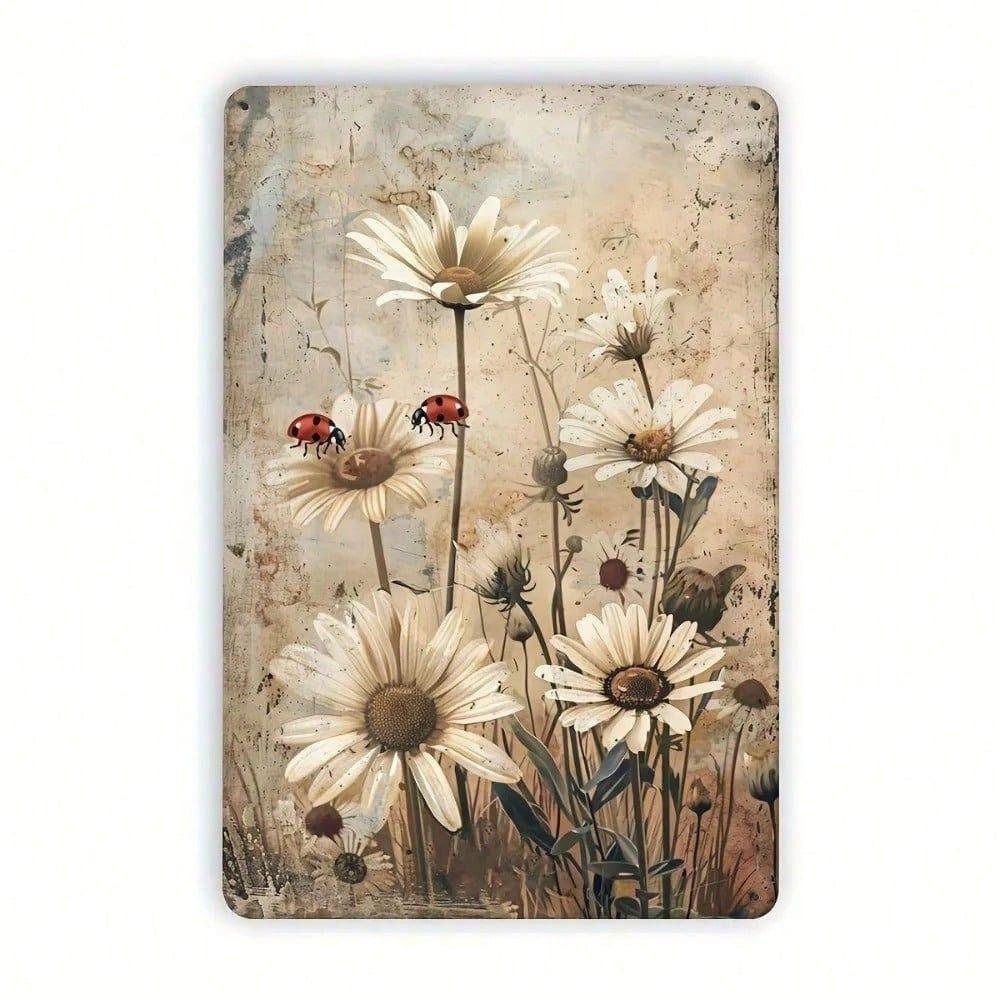 Vintage Rusty Metal Wall Art Daisy Ladybug Decor for Home Cafe