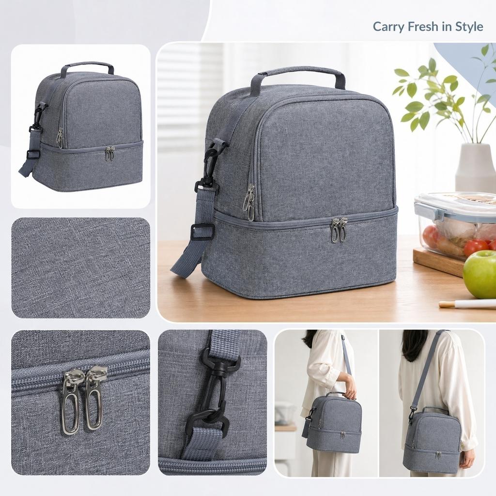 Portable Insulated Lunch Bag with Adjustable Shoulder Strap Double Layer Design Large Capacity for Work School Travel Outdoor Use
