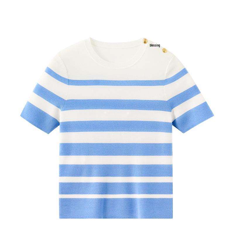Northern Deer Women's Slimming Stripe Knit T-Shirt - French Classic Short Sleeve in Lyocell, Acetate, and Mulberry Silk (Style 26519).