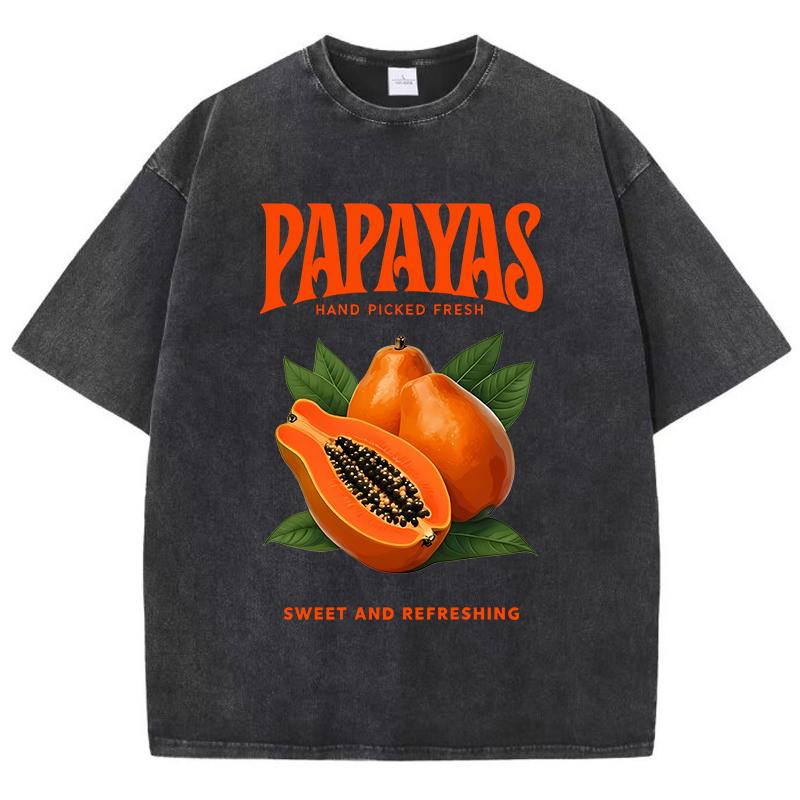 Papayas Hand Picked Fresh Prints Washed TShirt Womens Cotton T Shirts ONeck Comfortable Distressed Tops Summer Womans Clothes