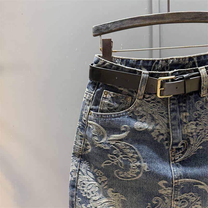 Women's Retro High Waist Jacquard Denim Midi Skirt, 2025 Autumn Collection - Loose, Straight, Hip-Hugging Design