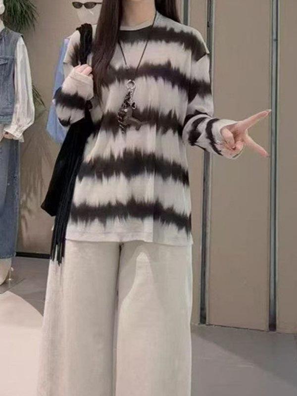 2026 Spring Round Neck Loose Slimming Stripe Casual Versatile Long Sleeve T-shirt