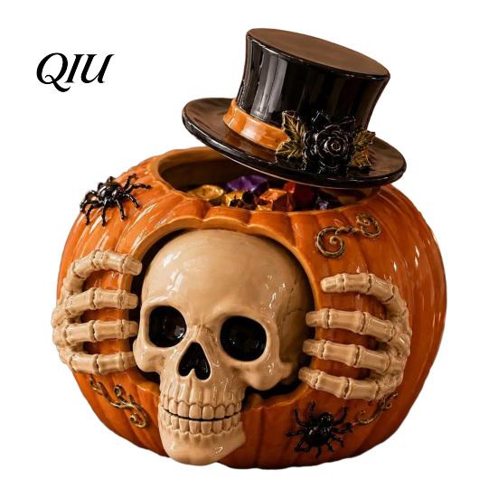 Unique Halloween Party Ornaments Skull Pumpkin Candy Jar with Top Hat Lid, Resin Decorative Interior Decorations Storage Container, Desktop Organizer