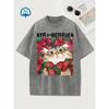 Cute Cat Strawberry Print Vintage Washed Gray Casual 100% Cotton T Shirt