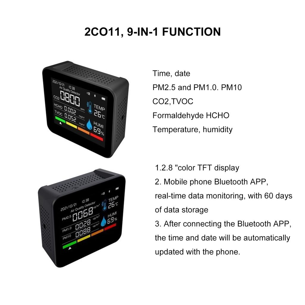 9 in 1 Innenraumluftqualitätsmonitor Tragbarer PM2.5 PM10 CO2 Detektor mit Temperatur Luftfeuchtigkeit Formaldehyd TVOC Anzeige