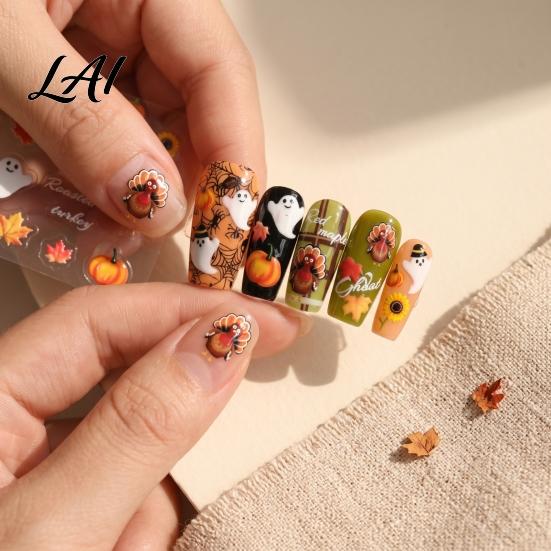 Fall Themed Nail Accessories Art Stickers for Halloween Thanksgiving Autumn Turkey Pumpkin Maple Wearable Manicure Leaf Sticker Embossed Waterproof