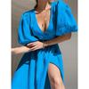 Spring Summer New Solid Color Sexy Slit Puff Sleeve Tie Waist Elegant Dress For Women European American Style