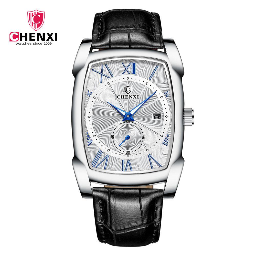 Luxury Retro Men Square Watches CHENXI Silver Waterproof Genuine Leather Men Watches Roman Numerals Stop Watch Calendar Unique