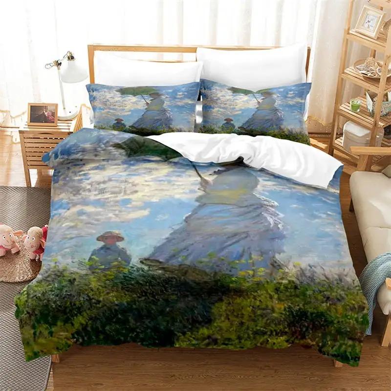 3D Artistic Bedding Set King Monet Van Gogh Style Sky Oil Painting Pattern Printed Duvet Cover With Pillowcases Hot Sale 3PCS