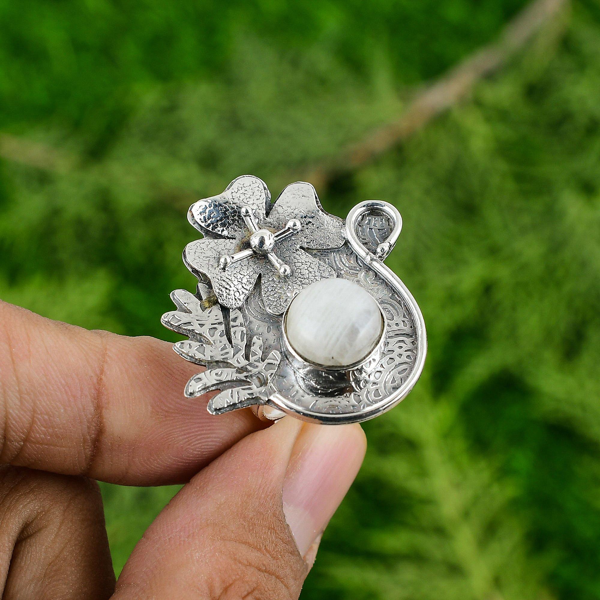 

Natural Rainbow Moonstone Stackable Flower Adjustable Ring 925 Silver For Women Adjustable