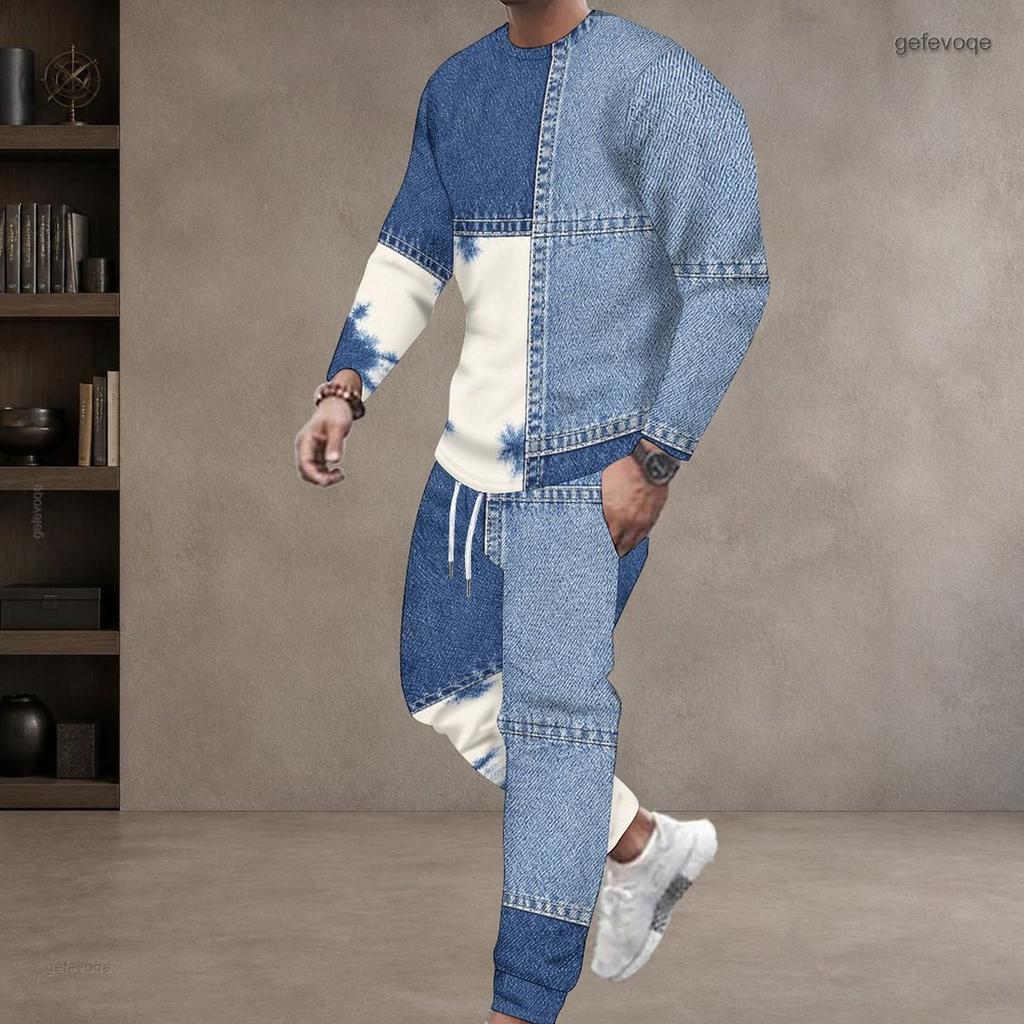 Men S Plus Size Tie Dye Printed Round Neck Long Sleeve Top Cuffed Pants Two Piece Set