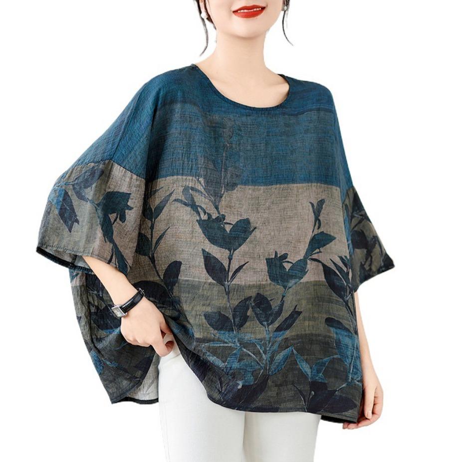 Summer Hemp Cotton Blouse EthnicStyle Bat Sleeve Loose Oversized Round Neck T-shirt Casual Comfortable for Women