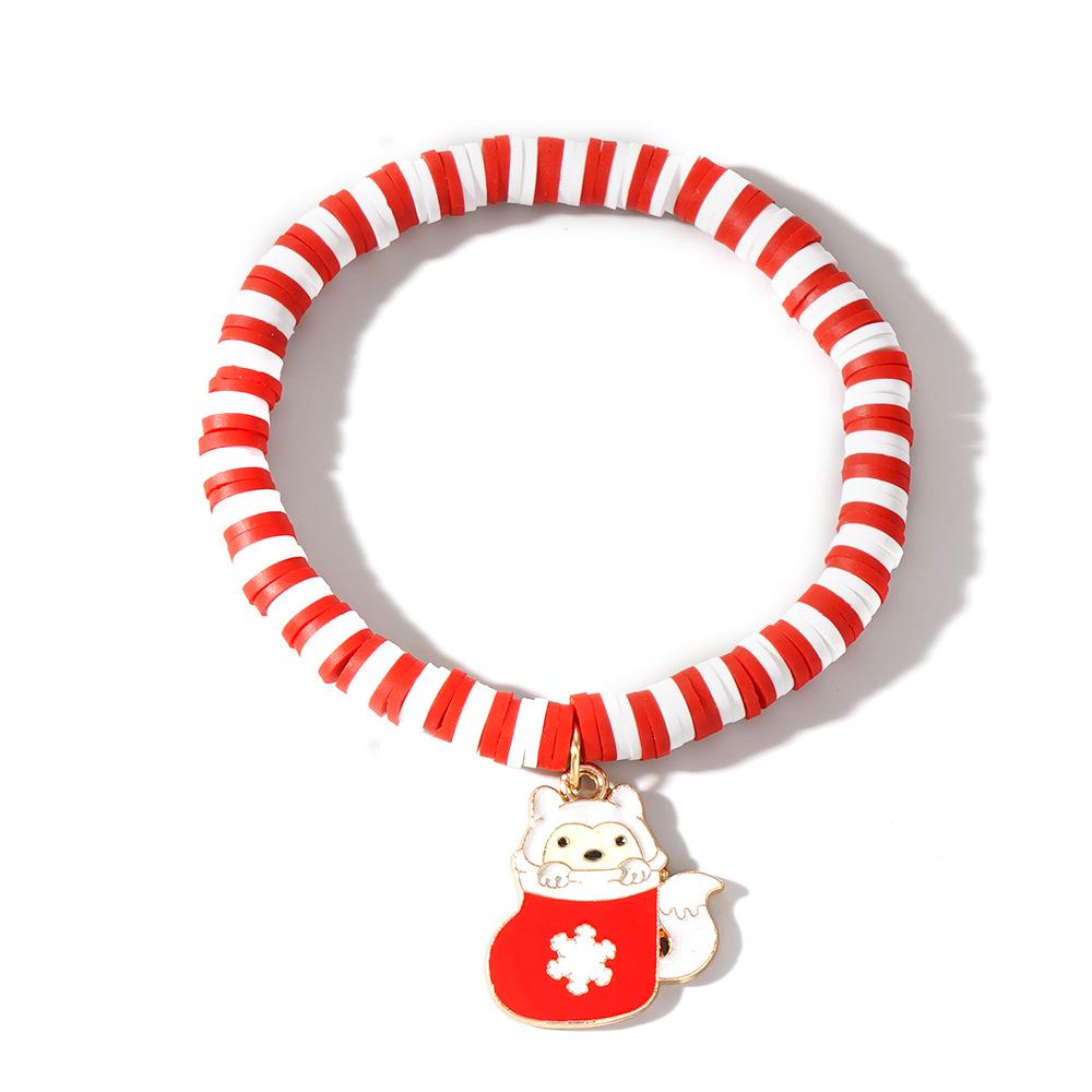 Christmas Clay Beaded Bracelet with Tree, Snowman, Bell & Reindeer Pendants In Red, White & Green - Festive Hand Jewelry