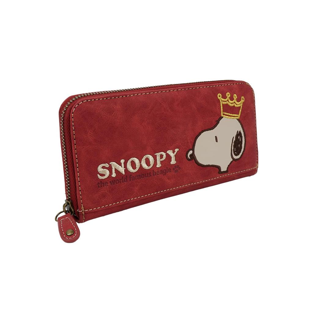 Snoopy Women's Long Wallet with Zipper-Around Design, Popular Character Snoopy with Embroidered Crown (Red)