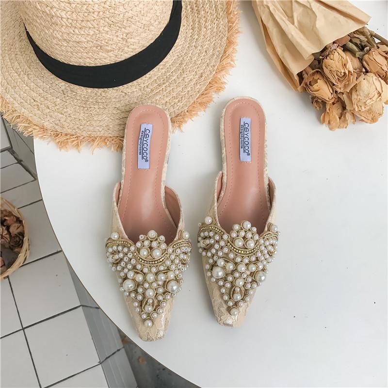 

2025 spring and autumn new pointed pearl flats women s flat heel bag head half slippers versatile temperament celebrity style 39 абрикосовый