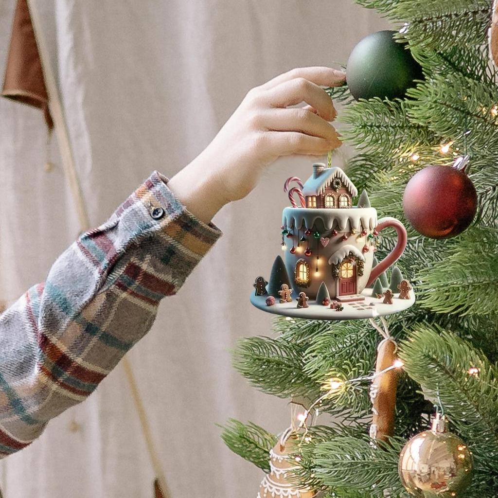 Christmas Tree Decor Pendant 2D Flat Acrylic Xmas Coffee Cup Snow House Holiday Pendant Christmas Home Ornaments Decoration