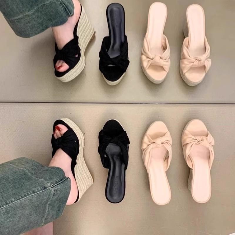 Small person increases height, large size knot slope heel slippers, women's summer wear straw thick-soled beach sandals, one-word drag