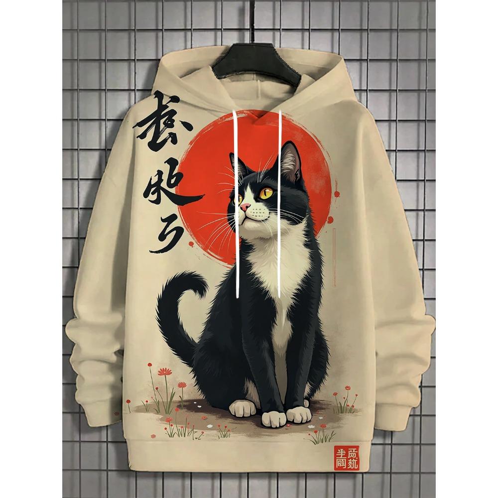 Japanische Harajuku Bedruckte Hoodies für Herren Berg Katze Tentakel Grafik Sweatshirts Lässig Lockeres Sweatshirt Lange Ärmel Pullove