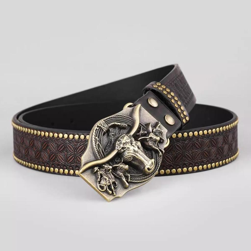 Western Cowboy Leather Belt with Bull Head Buckle, Rivet & Embossed Retro Style for Young Men
